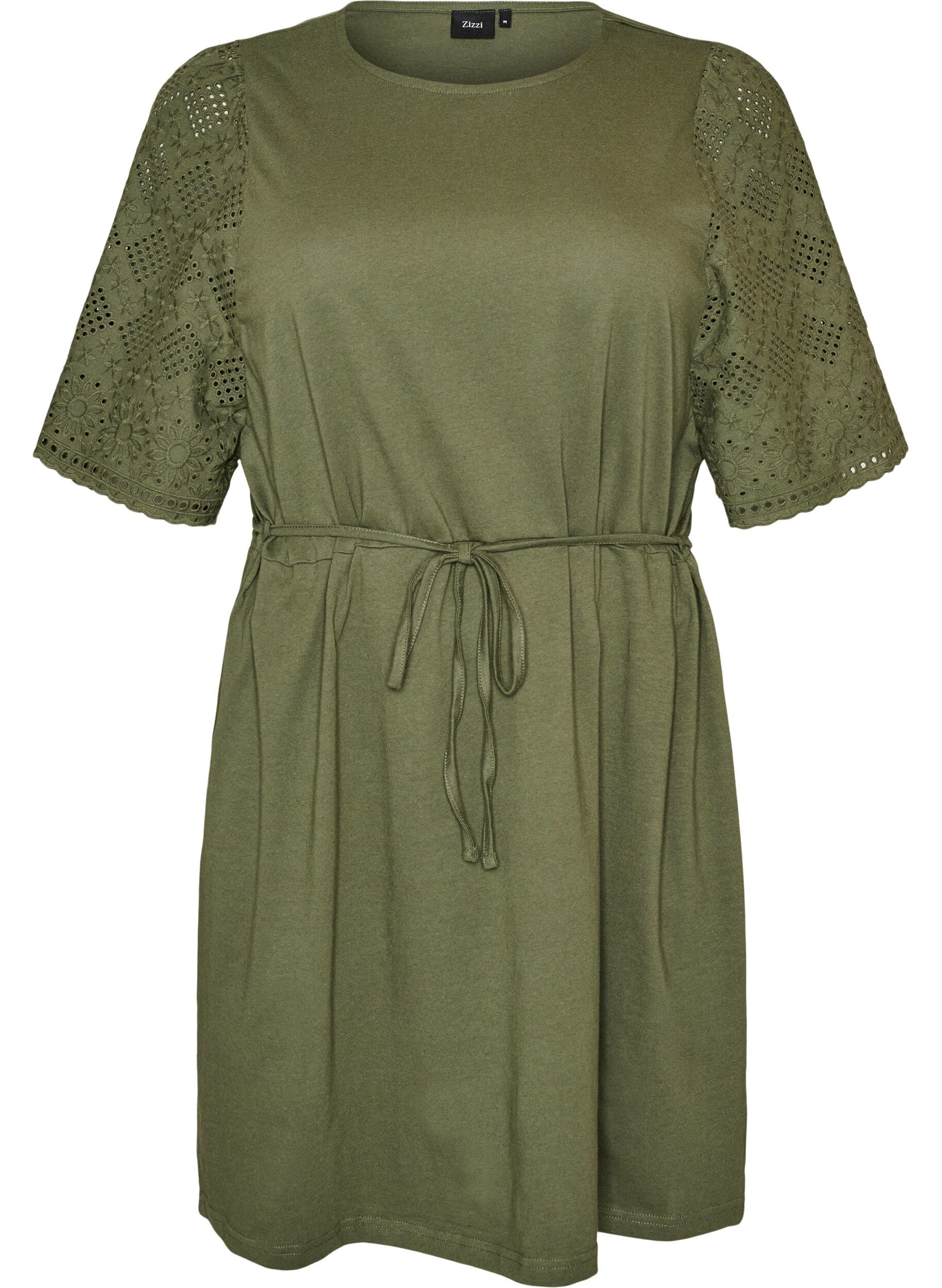 ZizziBaumwollkleid mit Broderie-Anglaise-&Auml;rmeln und Bindeg&uuml;rtel, Gr&uuml;n, Packshot image number 0