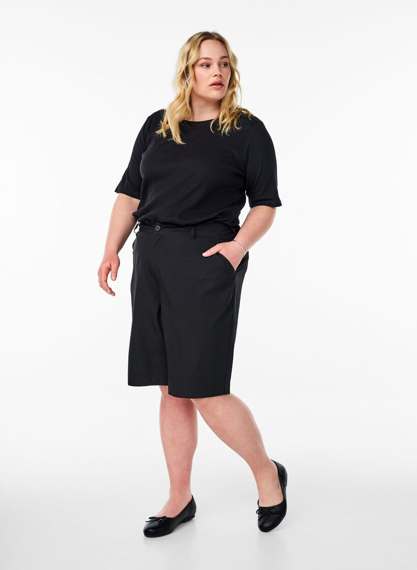 Bluse aus geripptem Jersey mit kurzen &Auml;rmeln, Schwarz, Model image number 1