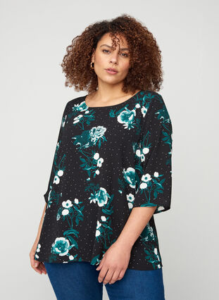 Bluse mit Print, 3/4-Ärmeln und Spitze am Rücken, Black/Flower Dot, Model image number 0