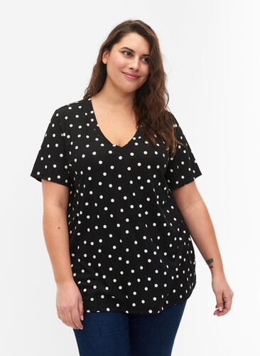 FLASH - Bedrucktes T-Shirt mit V-Ausschnitt, Black Dot, Model image number 0