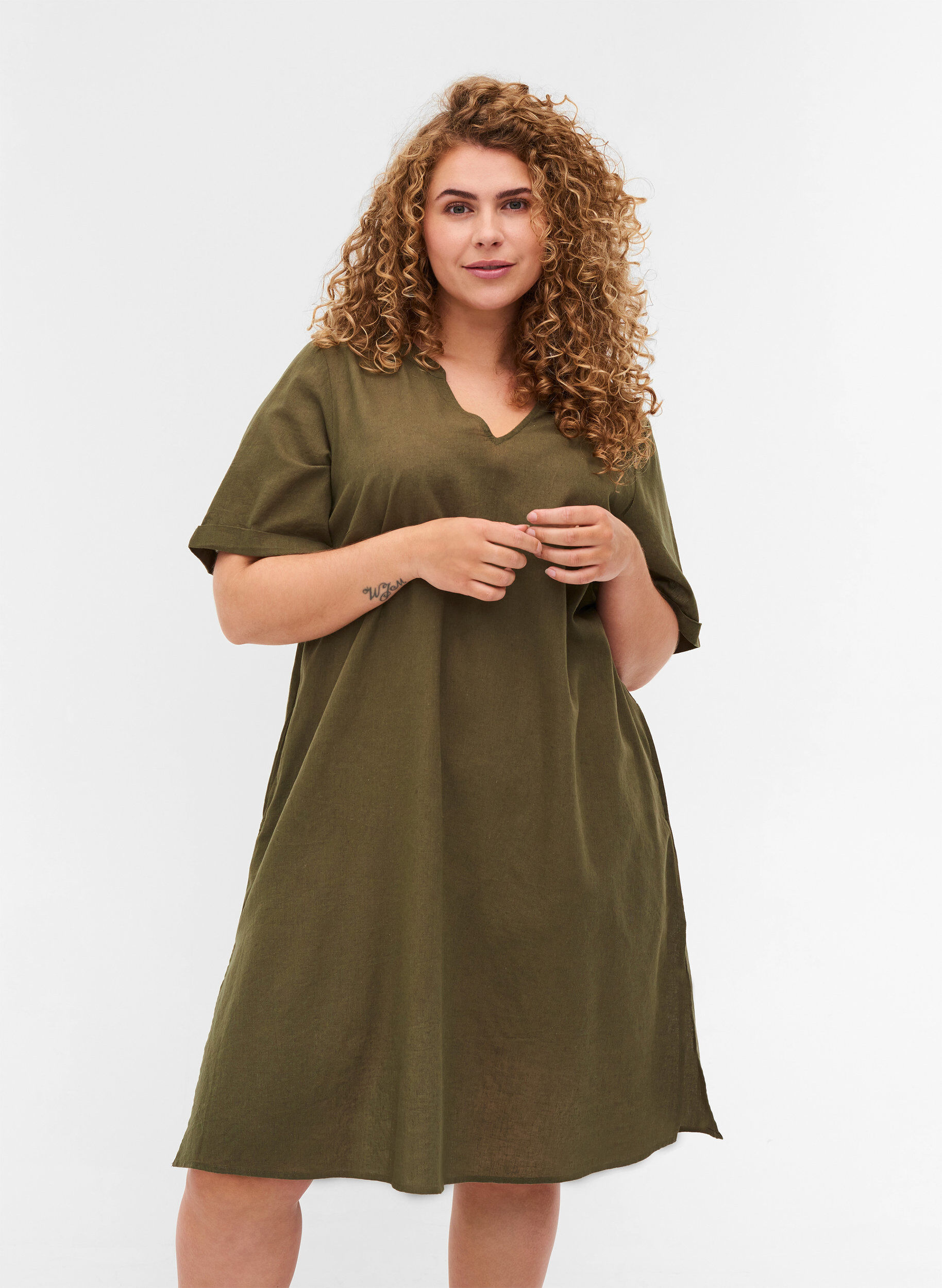 ZizziKurzarm Kleid aus Baumwollmischung mit Leinen, Ivy Green, Model image number 0