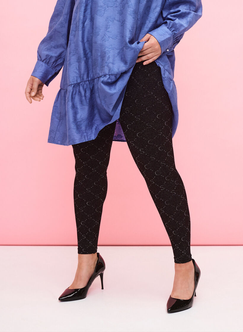 Nahtlose Leggings mit silberfarbenem Muster, Black, Model image number 0