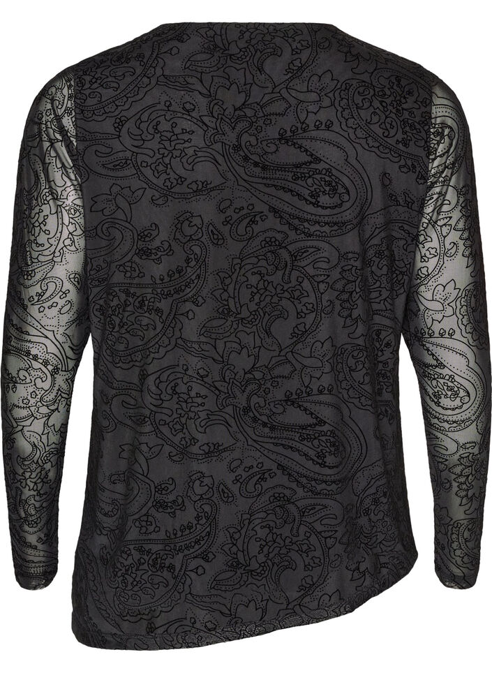 Mesh-Bluse mit Paisley-Print und asymmetrischem Saum, Schwarz, Packshot image number 1