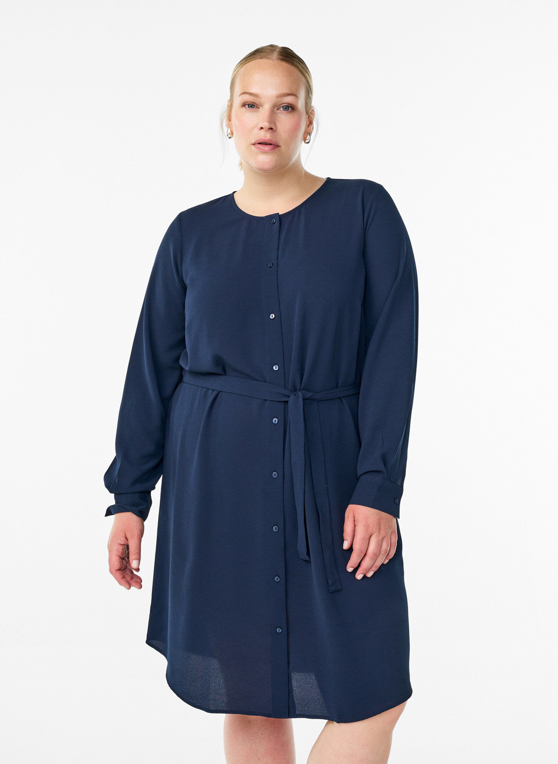 Lang&auml;rmliges Hemdblusenkleid mit Bindeg&uuml;rtel, Blau, Model
