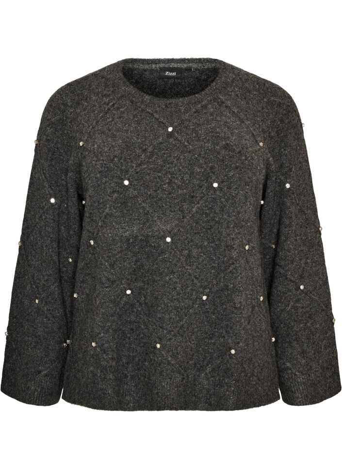 Bluse aus Strick mit Strasssteinen und Rautenmuster, Grau, Packshot image number 0