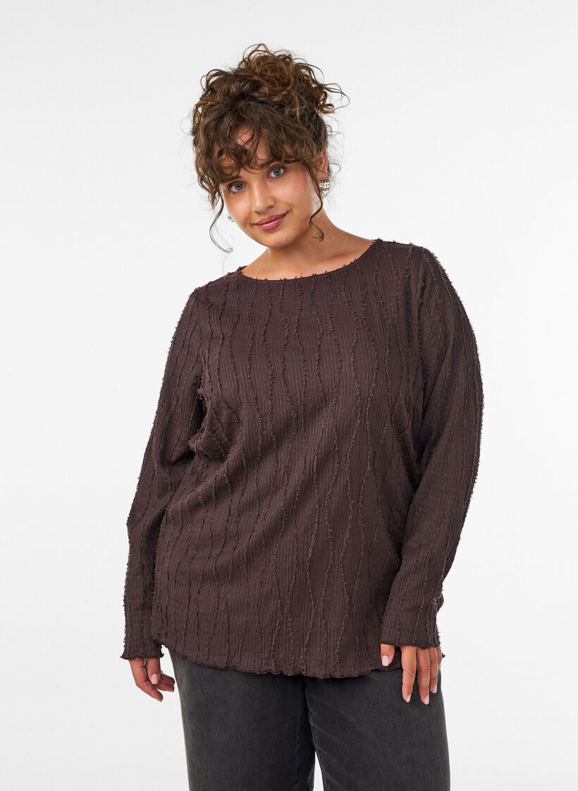 Bluse aus Jersey mit welliger Struktur, Braun, Model image number 0