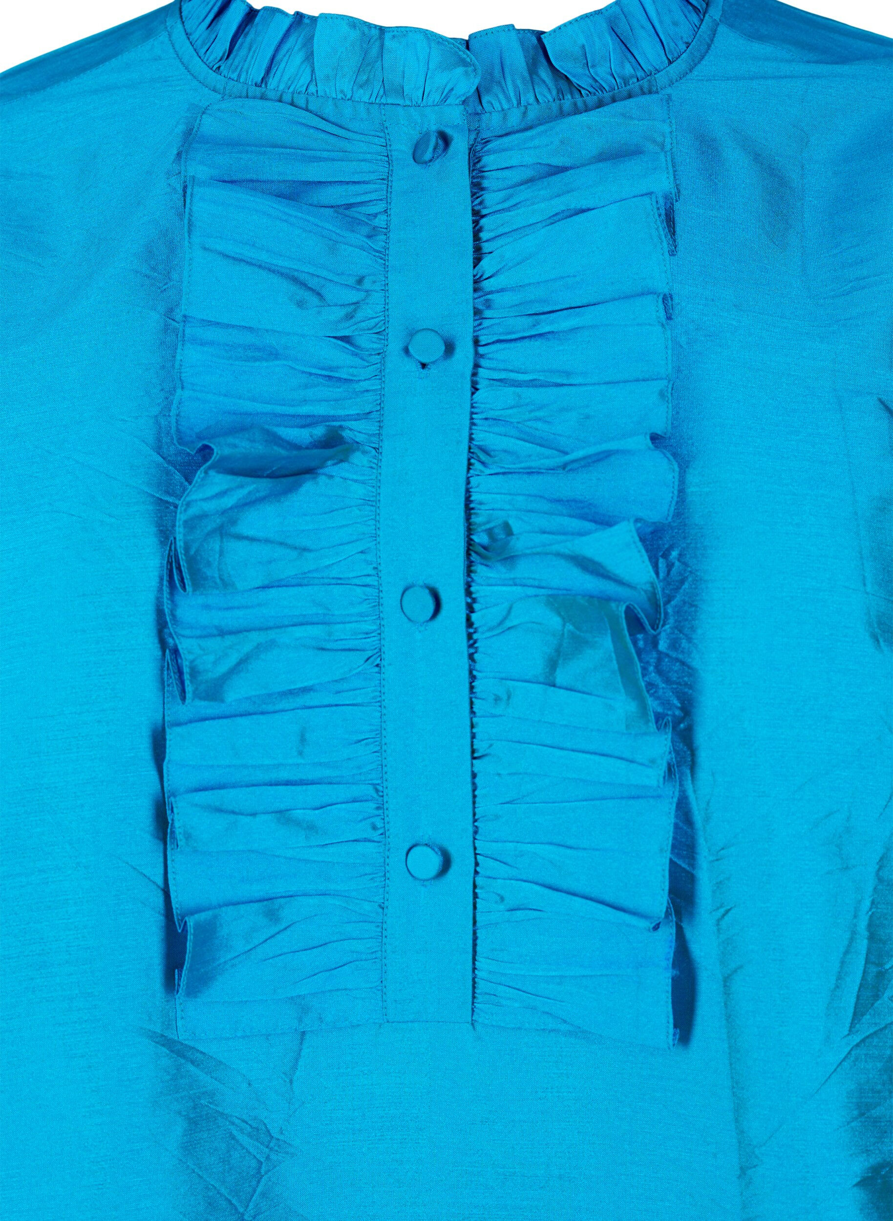 ZizziGl&auml;nzende Hemdbluse mit R&uuml;schen, Diva Blue, Packshot image number 2