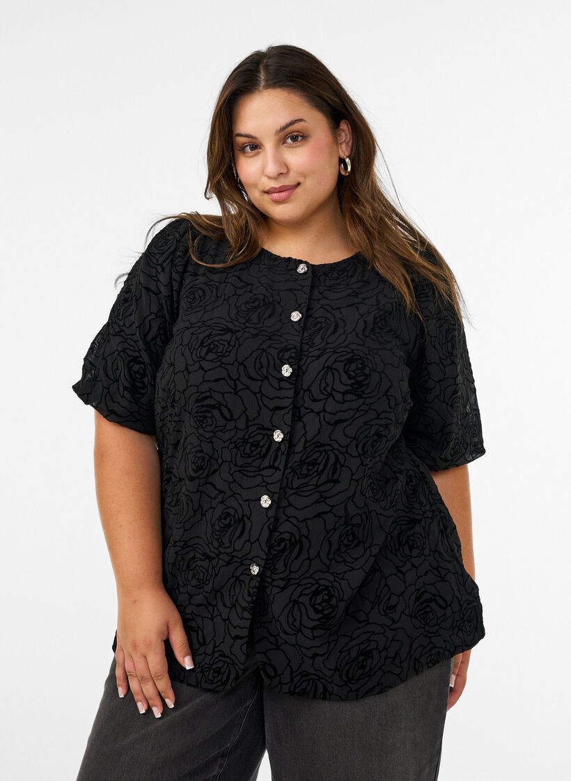 Gebl&uuml;mte Bluse mit Ballon&auml;rmeln, Schwarz, Model image number 0