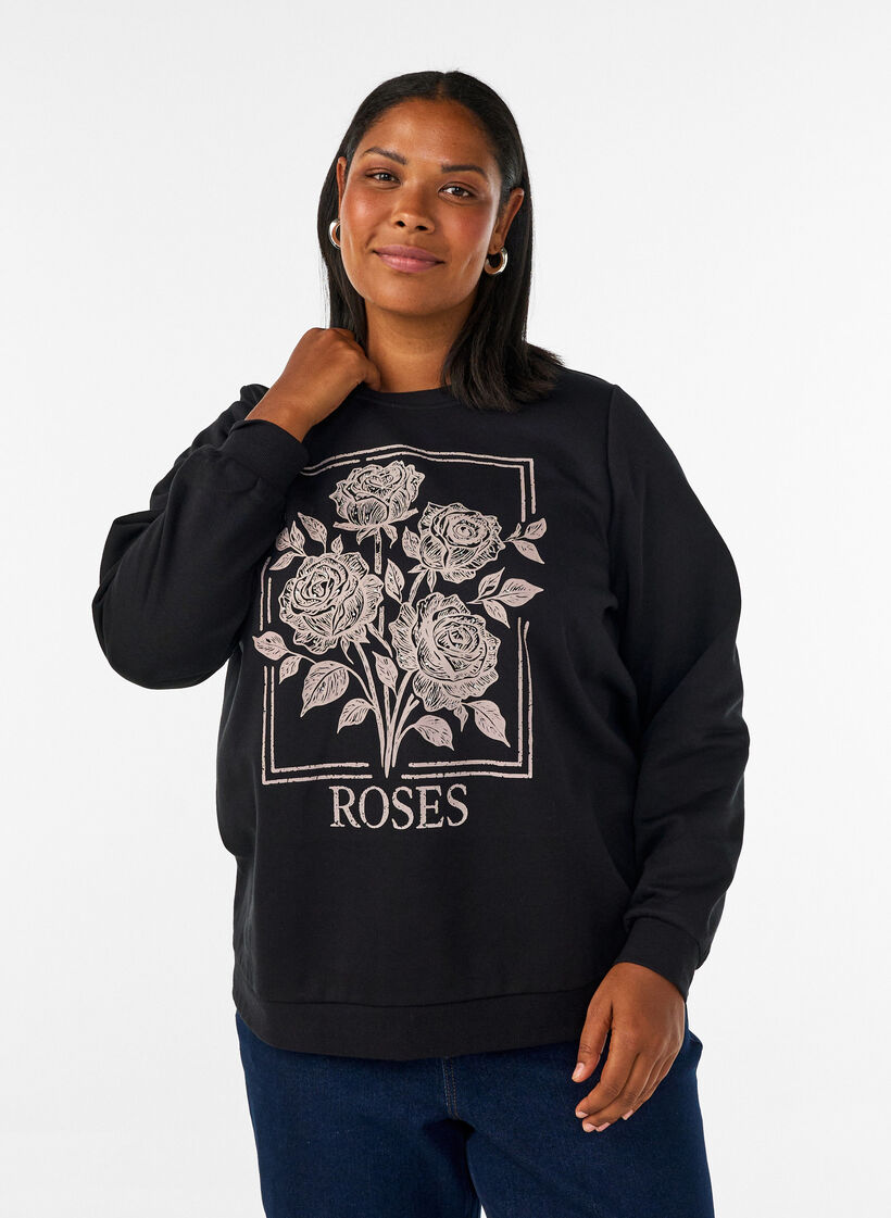 Sweatshirt mit Rosenprint und Strasssteinen, Schwarz, Model image number 0