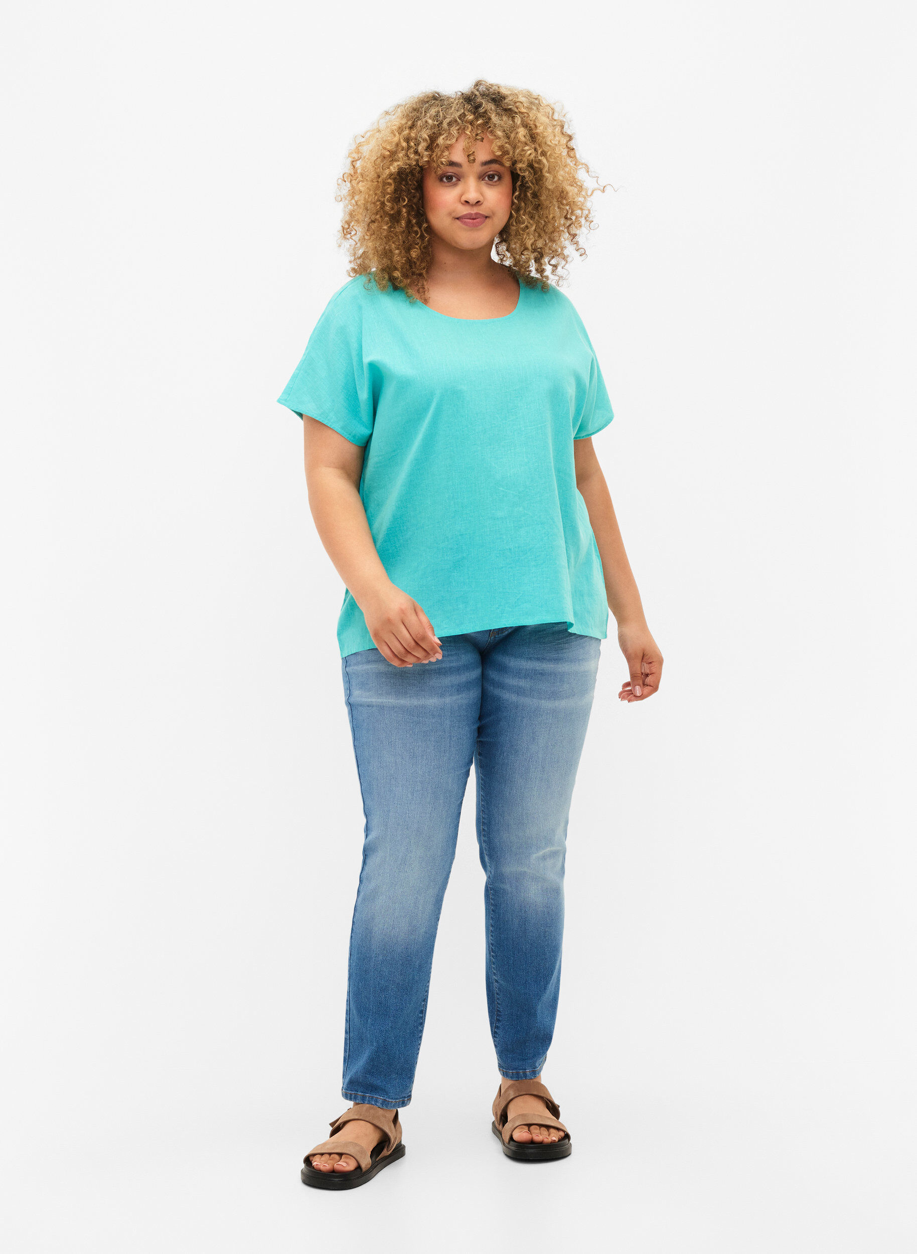 ZizziKurz&auml;rmelige Bluse aus Baumwollmischung mit Leinen, Turquoise, Model image number 2