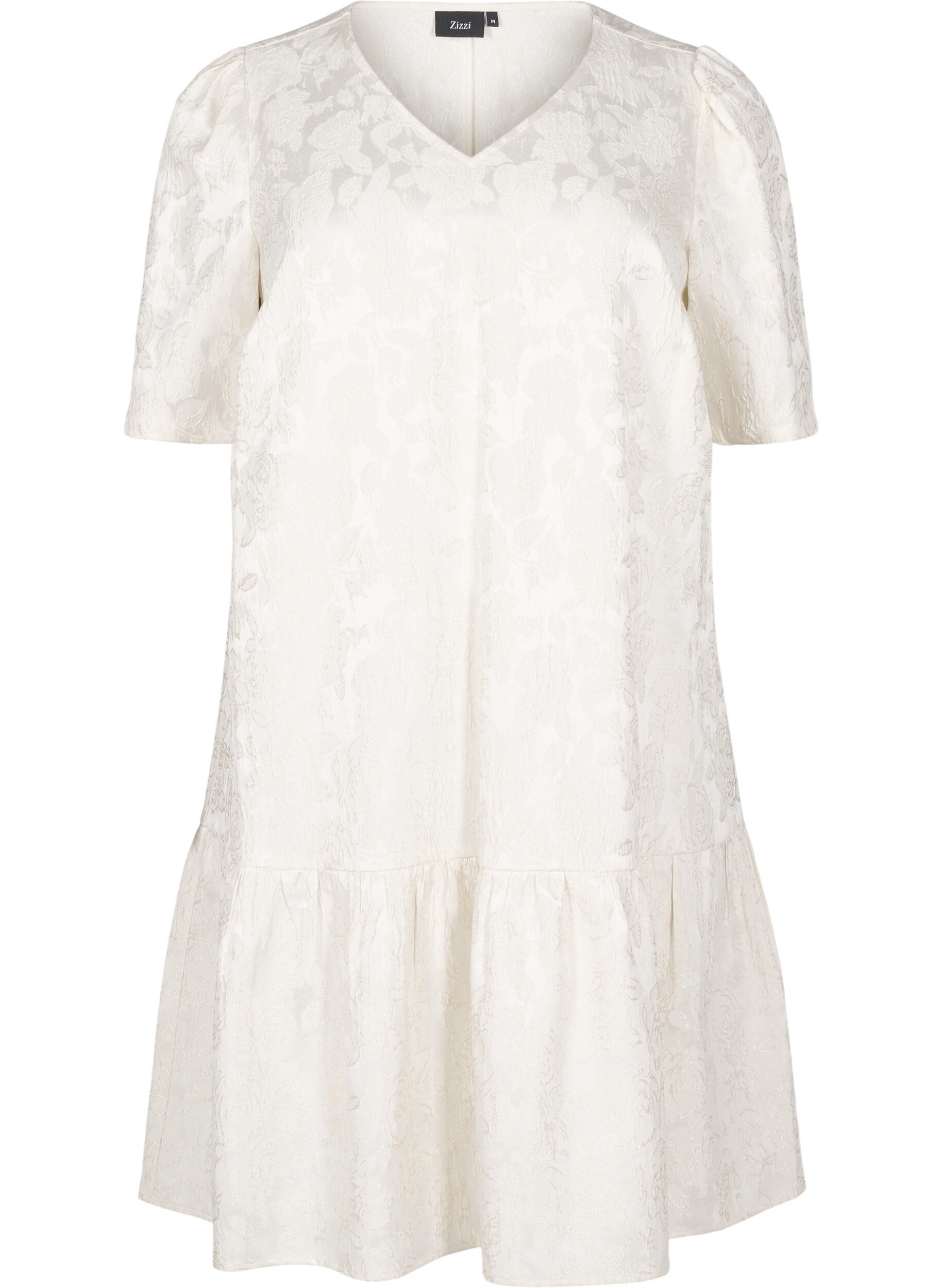 ZizziKnielanges Kleid aus Jacquard mit kurzen &Auml;rmeln, Whisper White, Packshot image number 0