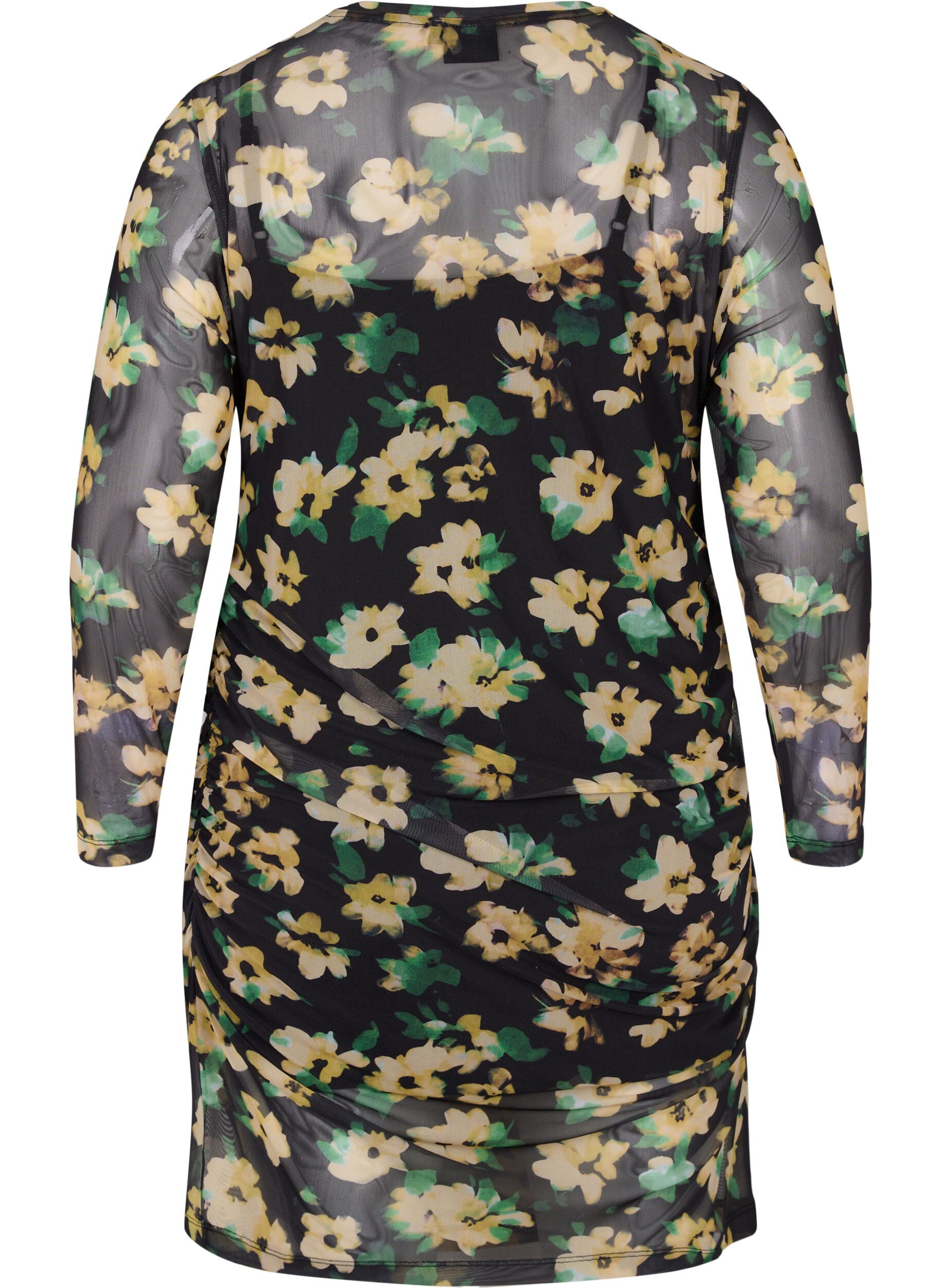 ZizziEng anliegendes Netzkleid mit 3/4-&Auml;rmeln, Yellow Green AOP, Packshot image number 1