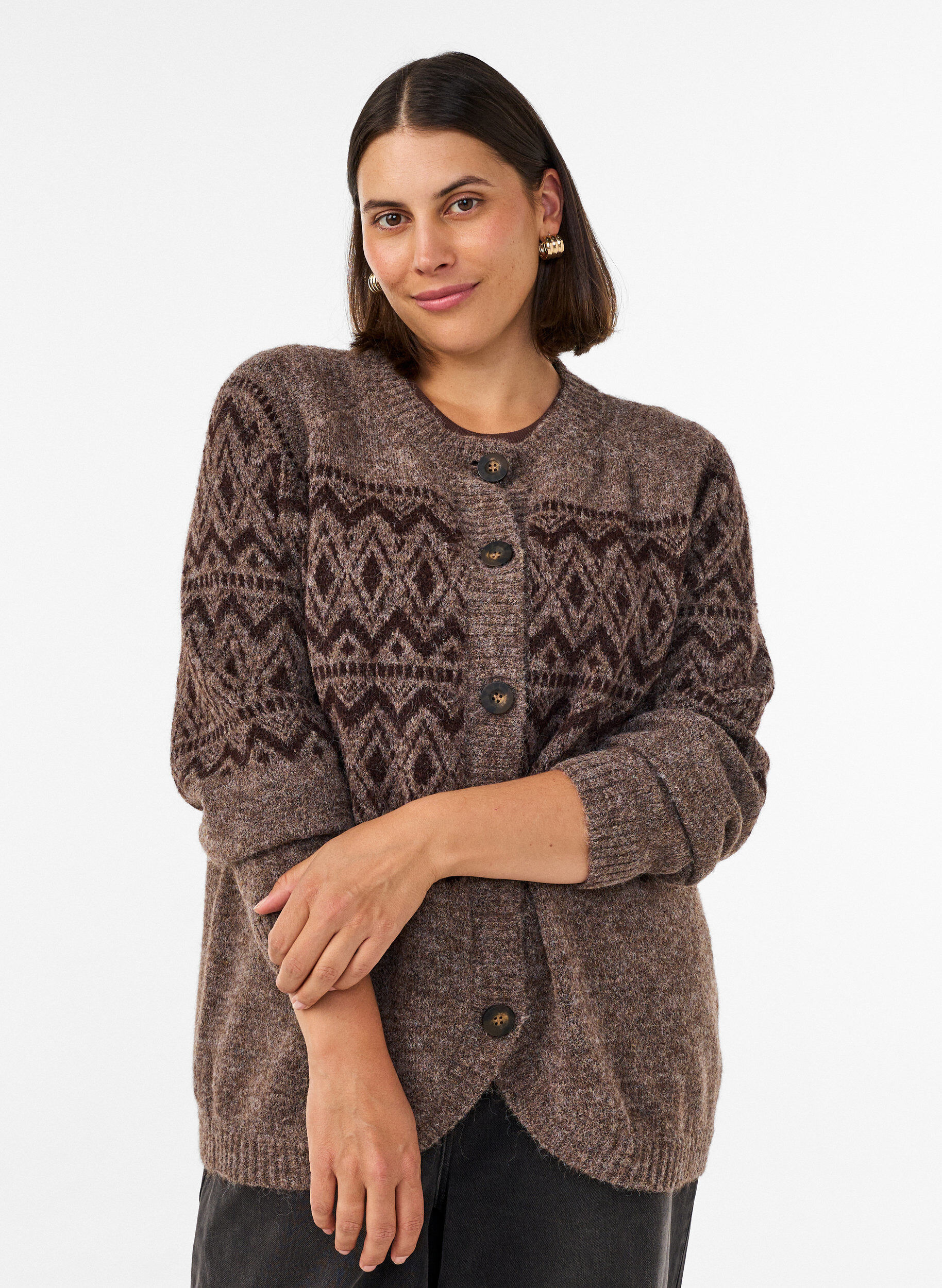 Strickjacke mit Jacquardmuster, Braun, Model