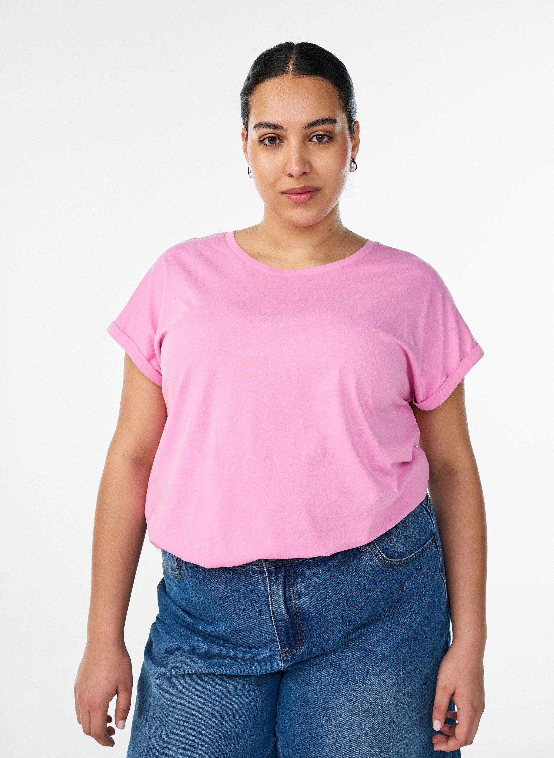 Kurz&auml;rmeliges T-Shirt aus einer Baumwollmischung, Pink, Model