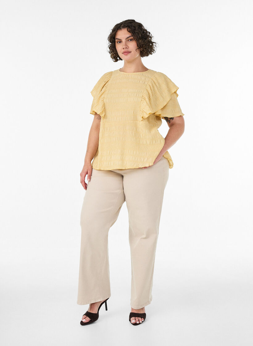 Bluse mit gesmokter Textur und R&uuml;schen&auml;rmeln, Gelb, Model image number 1