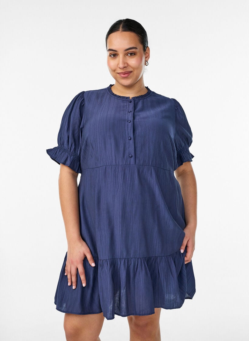 Kurzes Kleid aus Viskose mit R&uuml;schendetails, Blau, Model image number 0