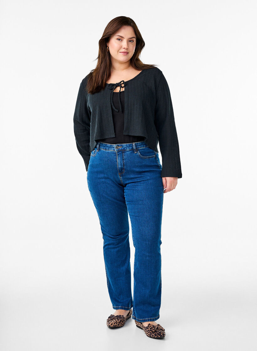 Strickjacke aus Jersey mit Struktur und Bindedetail vorne, Schwarz, Model image number 1