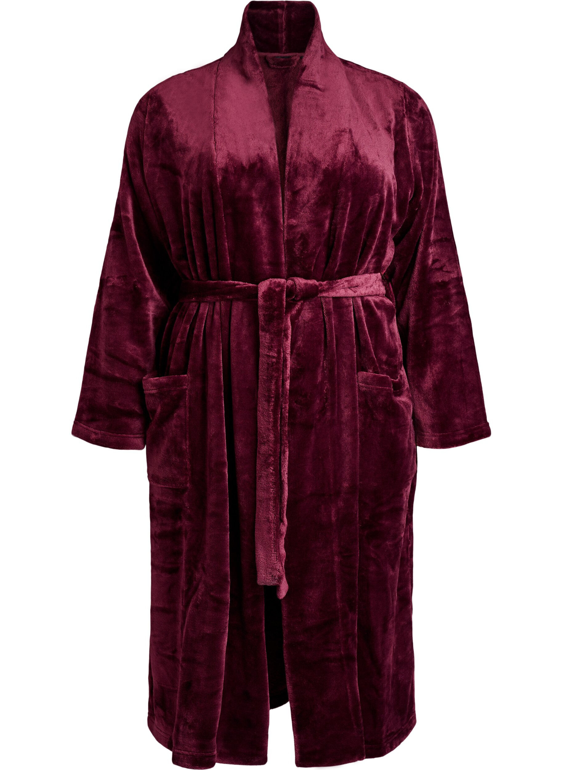 ZizziMorgenmantel aus weichem Velours mit Taschen, Dunkles Bordeaux, Packshot image number 0