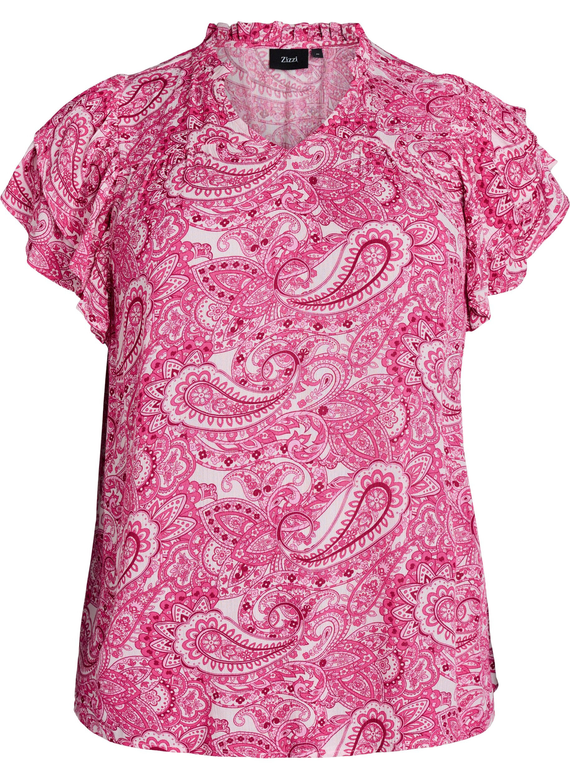 ZizziGemusterte Bluse aus Viskose mit R&uuml;schendetails, Pink, Packshot image number 0