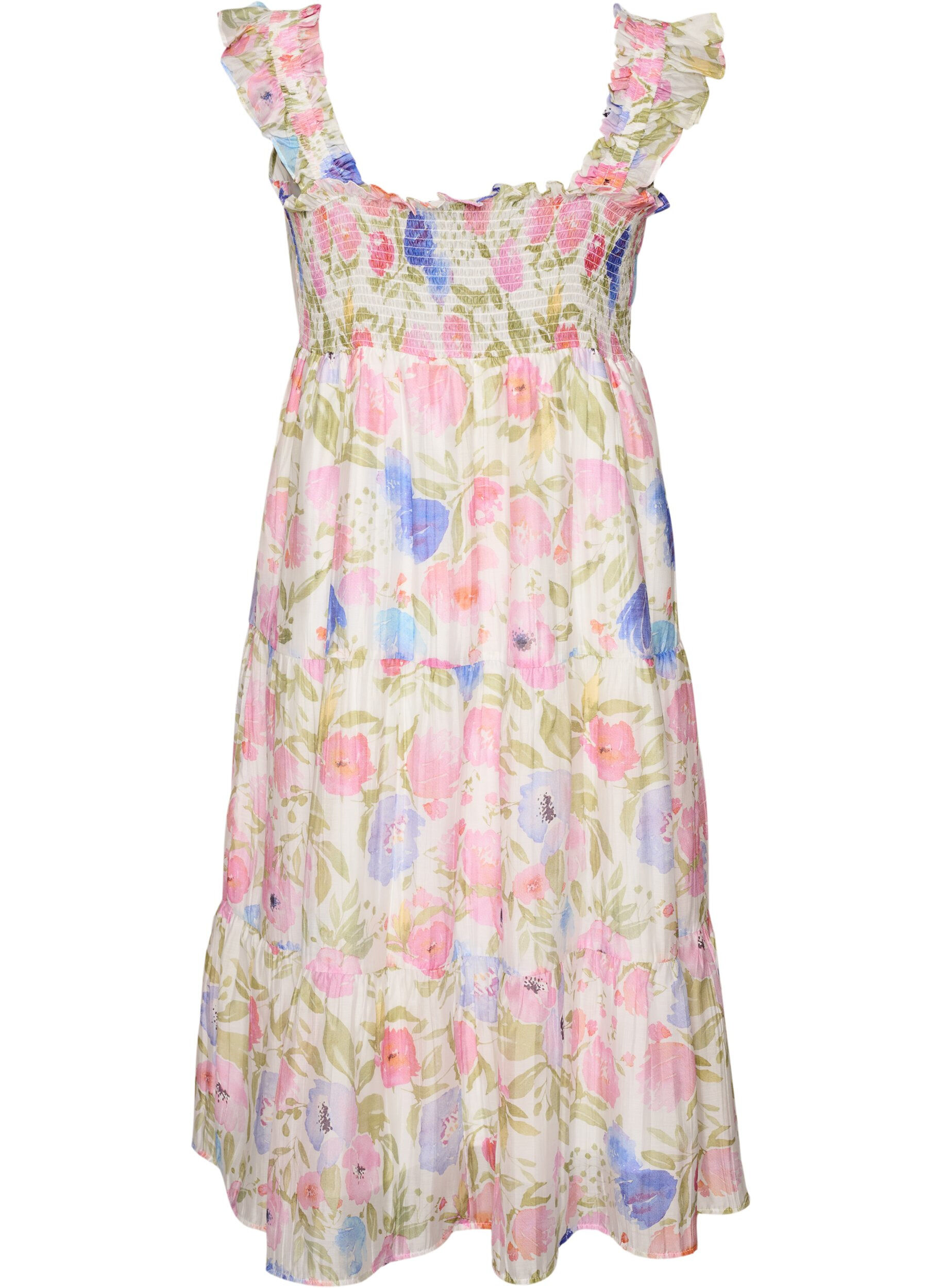 ZizziLanges gebl&uuml;mtes Kleid aus Lyocell mit R&uuml;schen, Wei&szlig;, Packshot image number 1