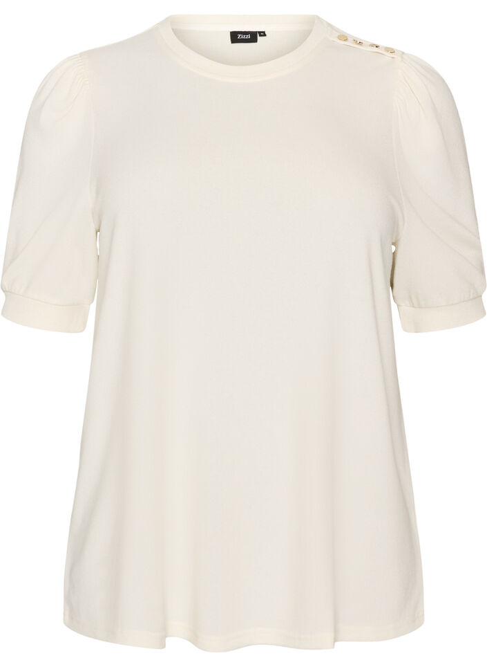Bluse mit Knopfdetail und kurzen Puff&auml;rmeln, Beige, Packshot image number 0