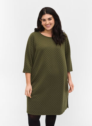 Strukturiertes Kleid mit 3/4-Ärmeln, Ivy Green, Model image number 0