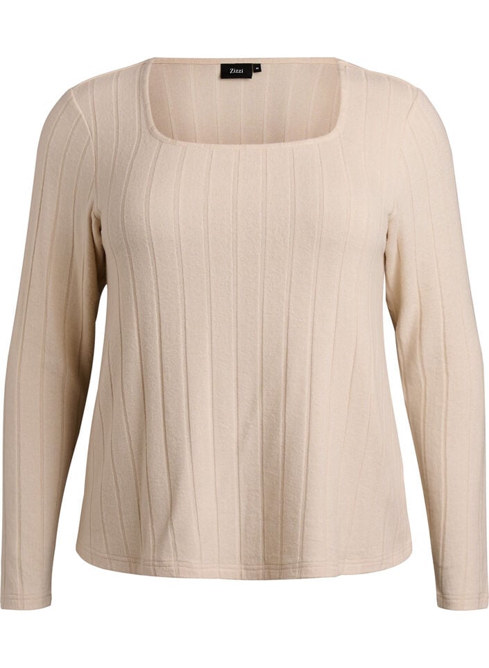 Bluse aus Jersey mit eckigem Ausschnitt und Rippstruktur, Beige, Packshot image number 0