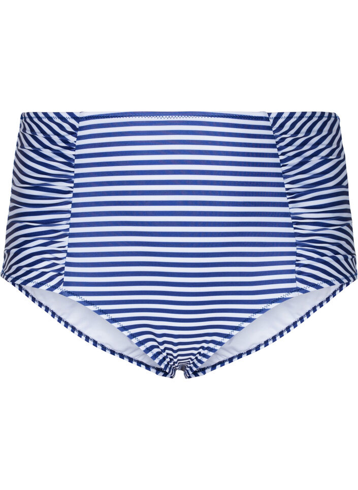 Bikini-Unterteil mit Streifen und hoher Taille, Blue Striped, Packshot image number 0