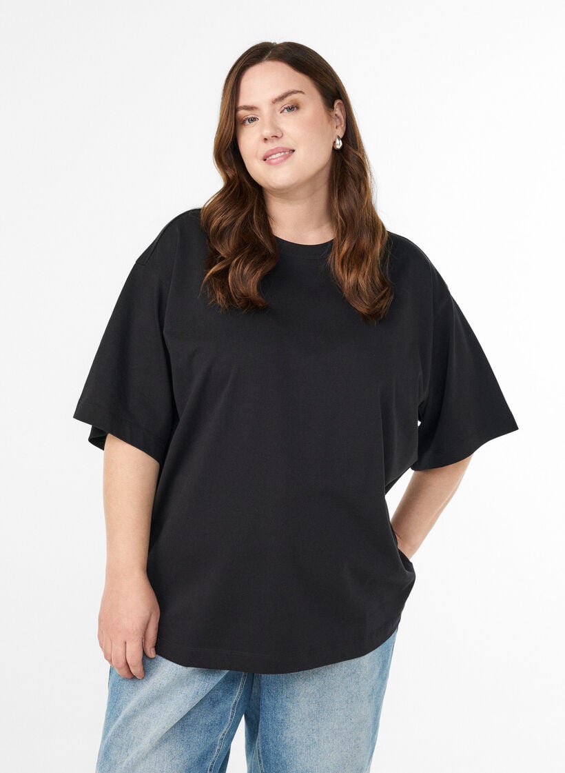 Oversize-T-Shirt mit halben Ärmeln, Schwarz, Model image number 0