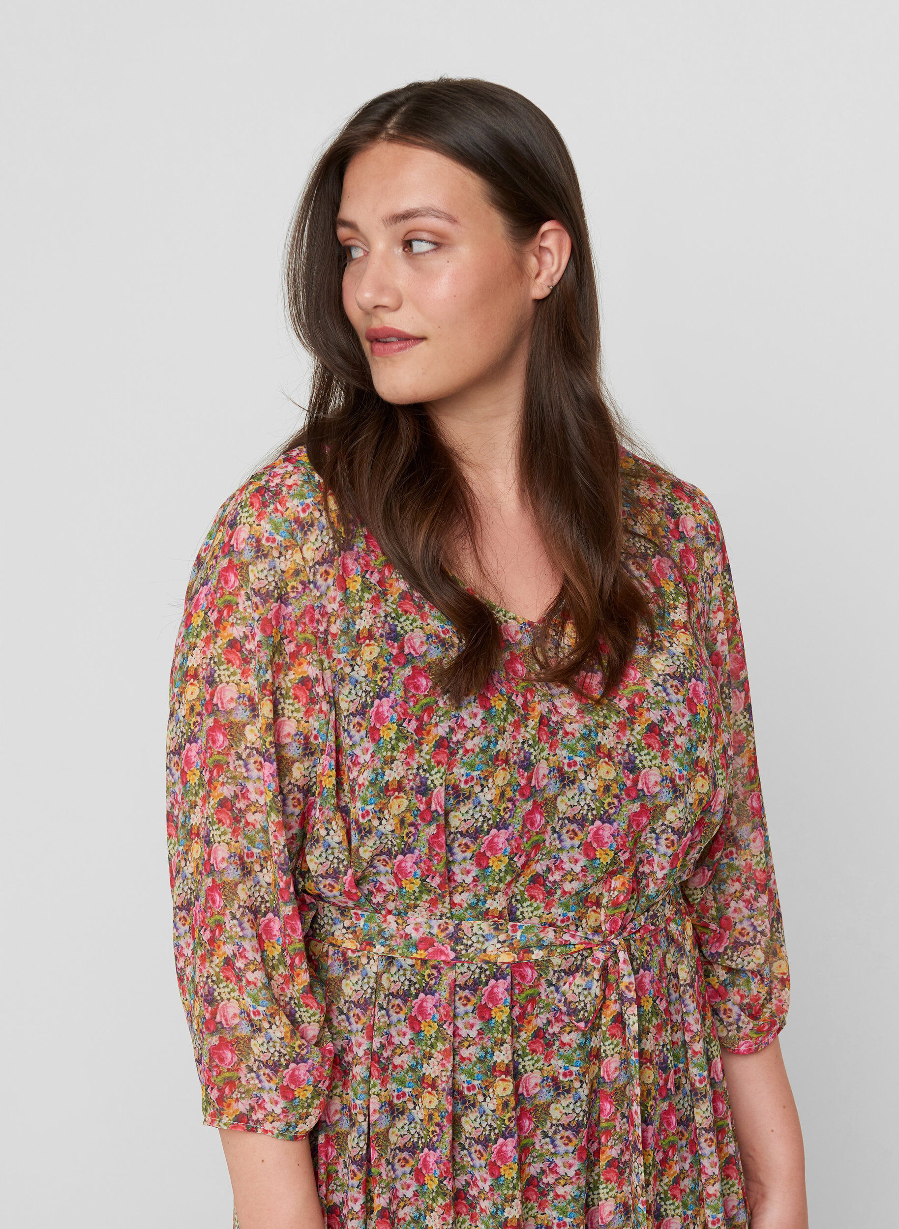 ZizziMidikleid mit Blumenprint und Bindeband an der Taille, Pink Flower AOP, Model image number 2