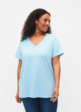 Kurzärmeliges T-Shirt mit V-Ausschnitt, Sky Blue, Model image number 0
