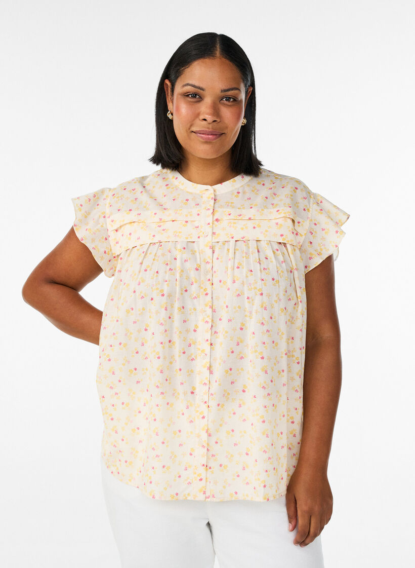 &Auml;rmellose Hemdbluse in A-Linie aus Baumwolle, Gelb, Model image number 0