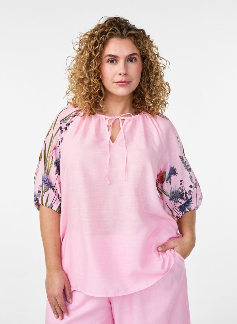 Bluse mit Bindedetail und gebl&uuml;mten &Auml;rmeln, Pink, Model