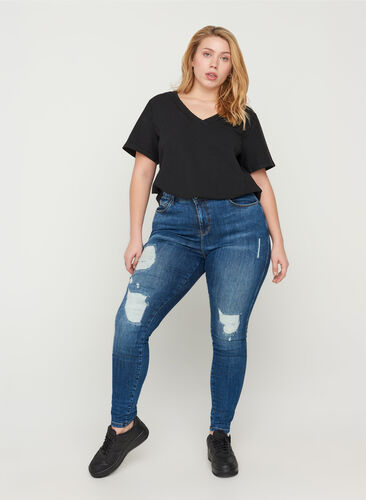 Hochtaillierte Amy Jeans mit Ripped-Effekt, Blue denim, Model image number 0