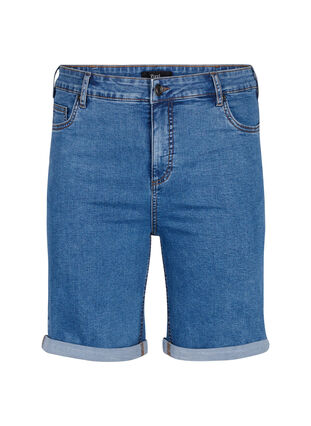 Eng anliegende Denim-Shorts mit hoher Taille, Blue Denim, Packshot image number 0