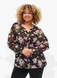 Hemdbluse mit V-Ausschnitt und Print, Black/Beige Flower, Model