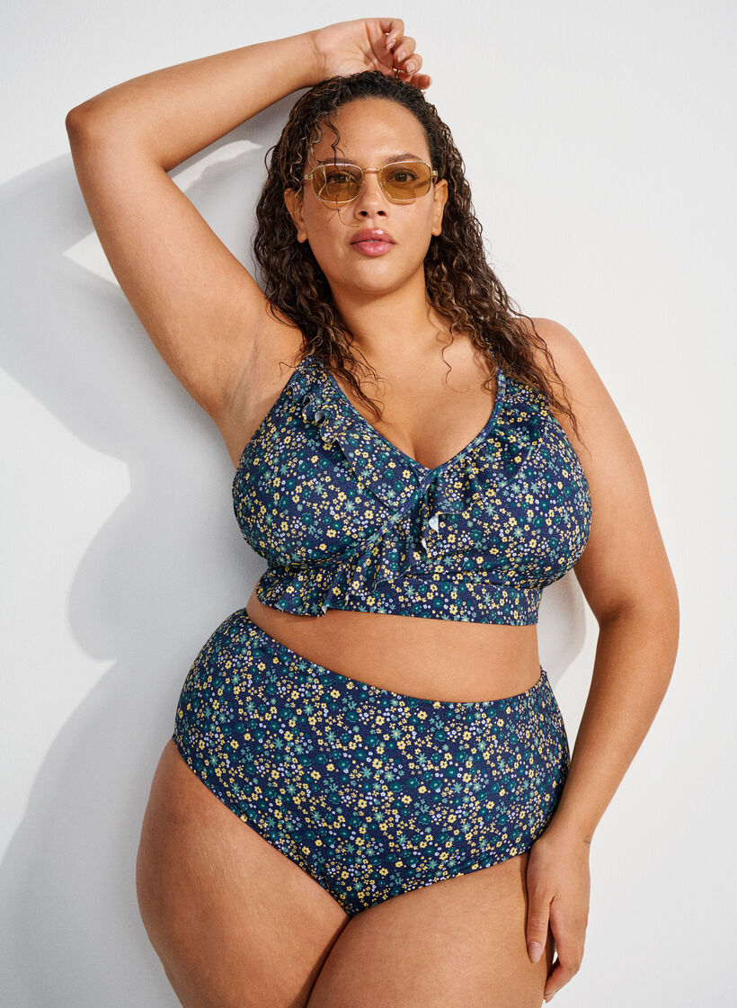 Gebl&uuml;mtes Bikinioberteil mit R&uuml;schendetails, Petrol, Image image number 0