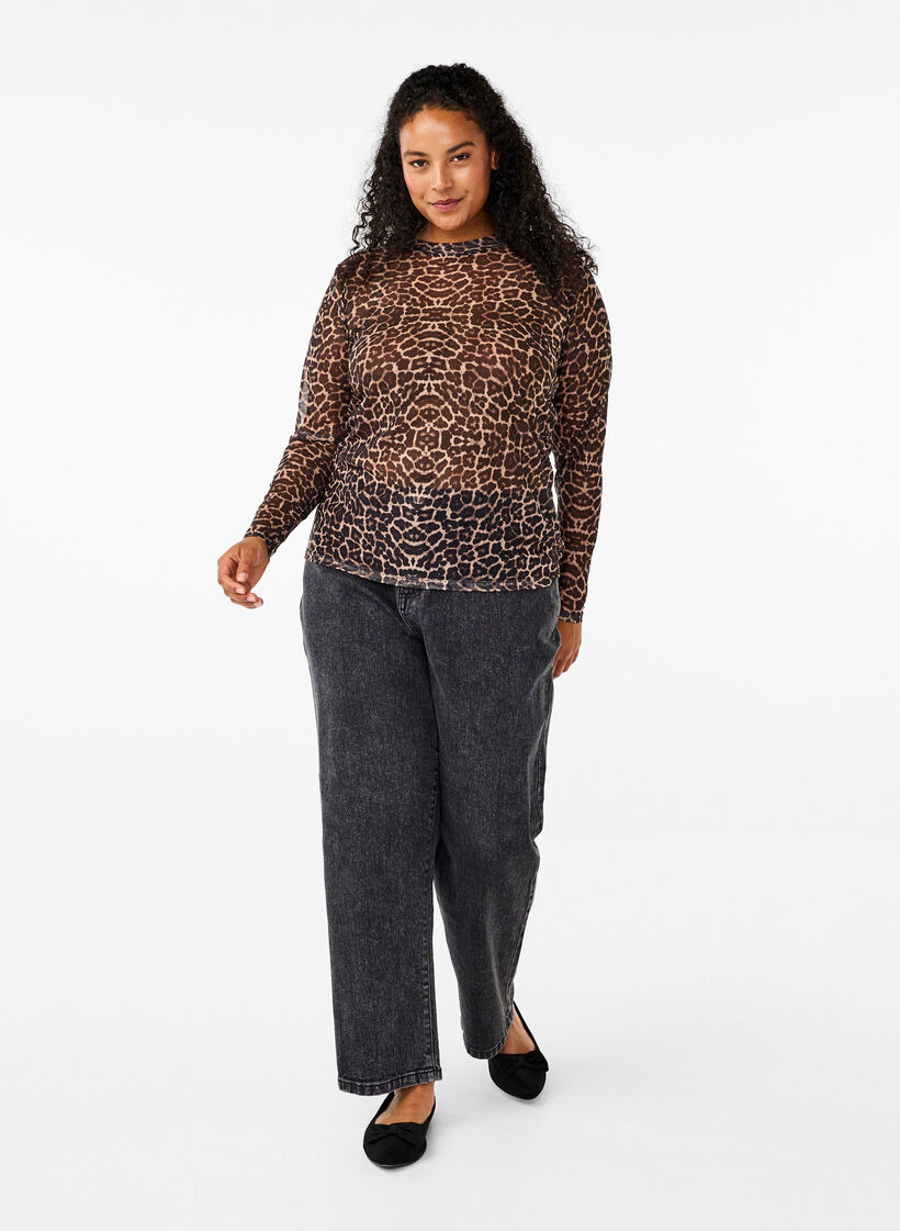 Netzbluse mit Leopardenmuster, Braun, Model image number 1
