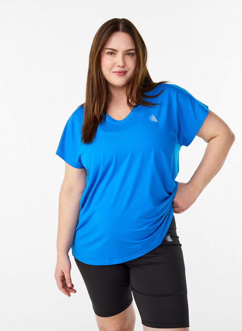 Lockeres Trainings-T-Shirt mit V-Ausschnitt, Blau, Model image number 0
