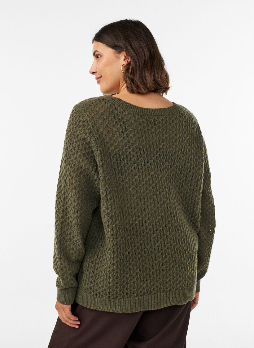 Strickbluse mit strukturiertem Lochmuster, Gr&uuml;n, Model image number 2