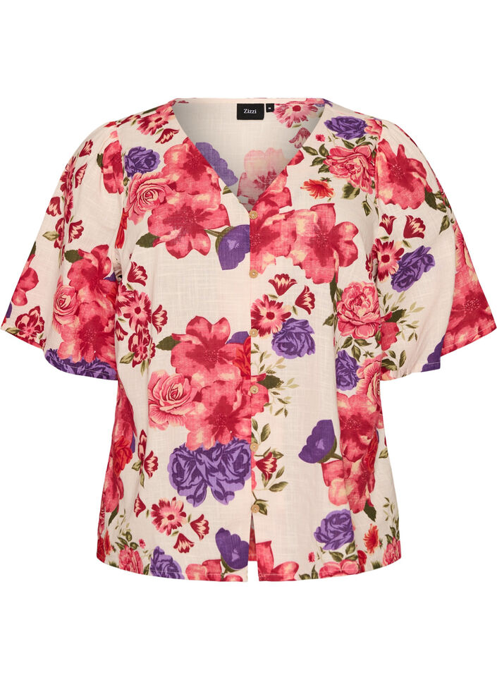 Kurz&auml;rmelige Bluse aus Baumwolle mit V-Ausschnitt, Rot, Packshot image number 0