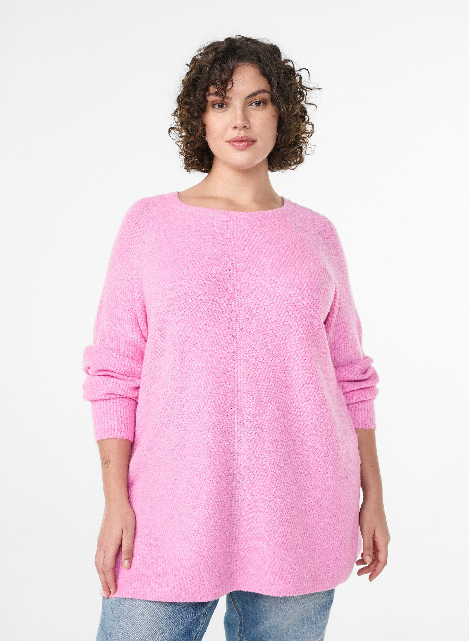 Strickpullover mit Diagonalmuster und Raglan&auml;rmeln, Pink, Model