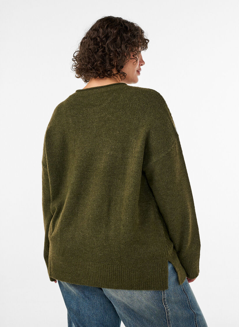Strickbluse mit V-f&ouml;rmigem Rippenmuster und Schlitzen, Gr&uuml;n, Model image number 2