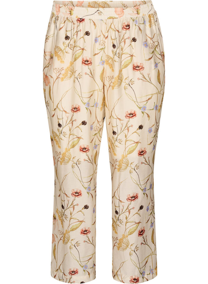 Hoch taillierte Hose aus Viskose mit Blumenmuster, Beige, Packshot