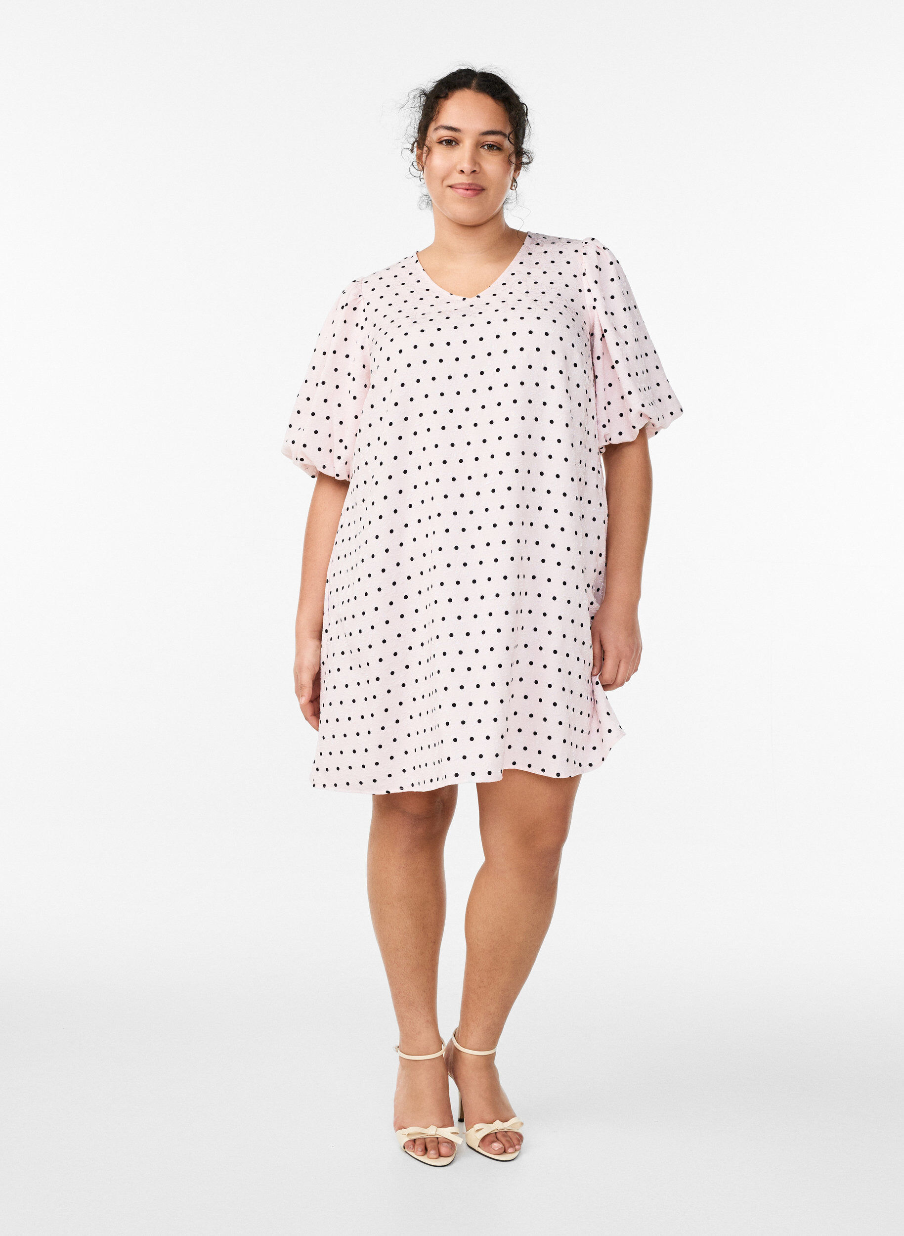 ZizziA-Linien-Kleid mit Polka Dots und Ballon&auml;rmeln, Pink, Model image number 1