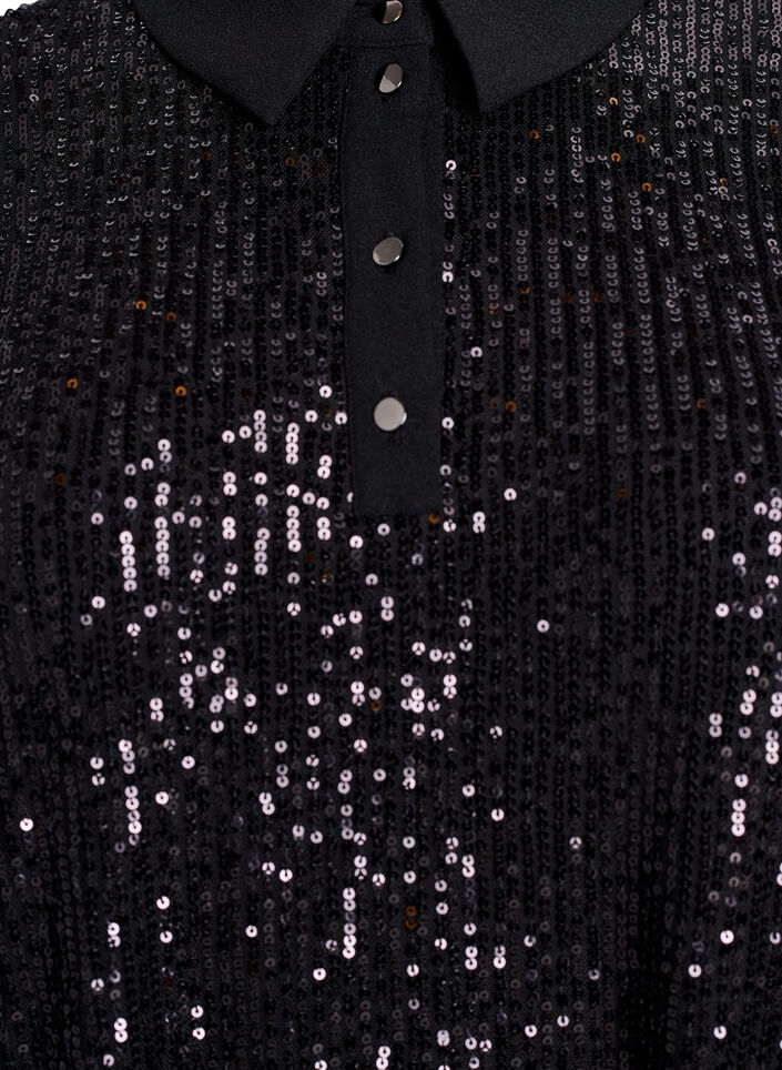 Paillettenbluse mit Polokragen und kurzen Ärmeln, Schwarz, Packshot image number 2