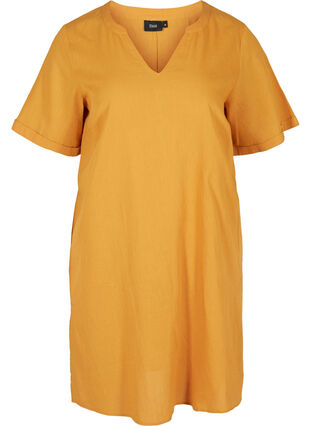 Kurzarm Kleid aus Baumwollmischung mit Leinen, Honey Mustard, Packshot image number 0