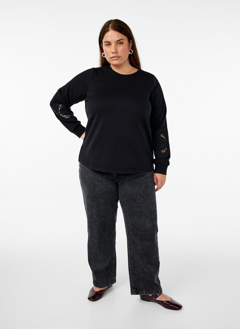 Sweatshirt mit aufgestickten Cut-Outs, Black, Model image number 3