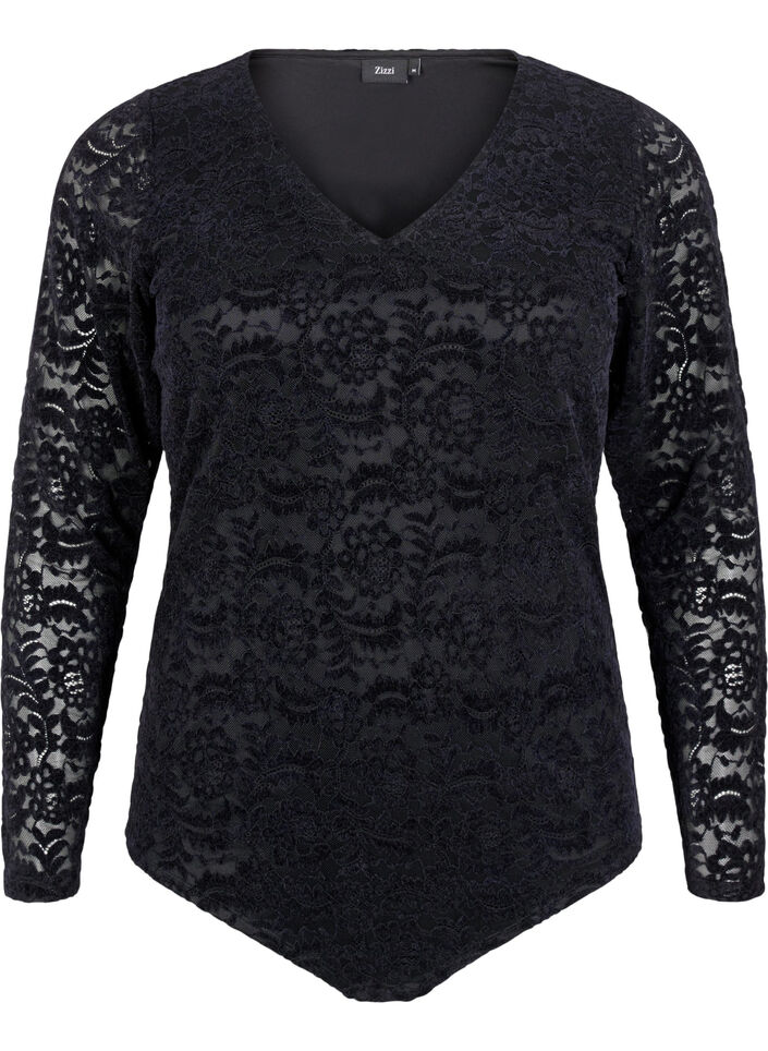 Spitzen-Body mit langen Ärmeln, Black, Packshot image number 0