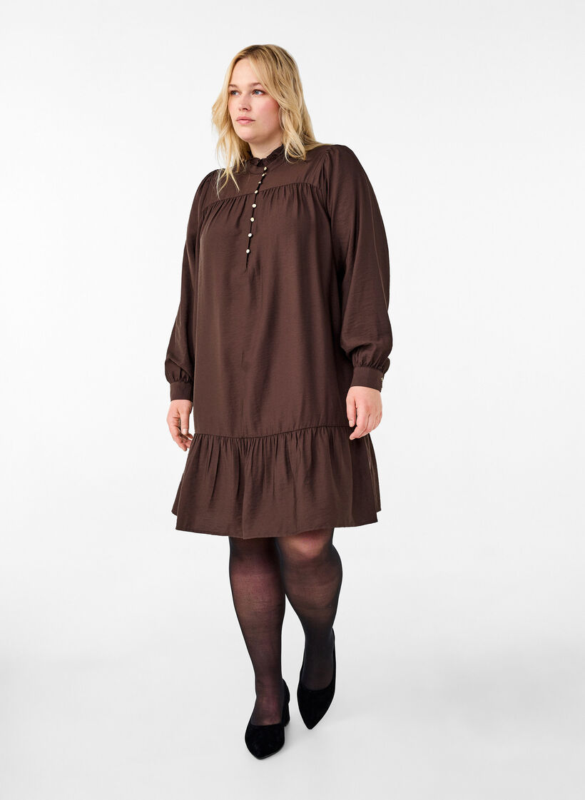 Kurzes Kleid mit Rüschenkragen, Seal Brown, Model image number 2
